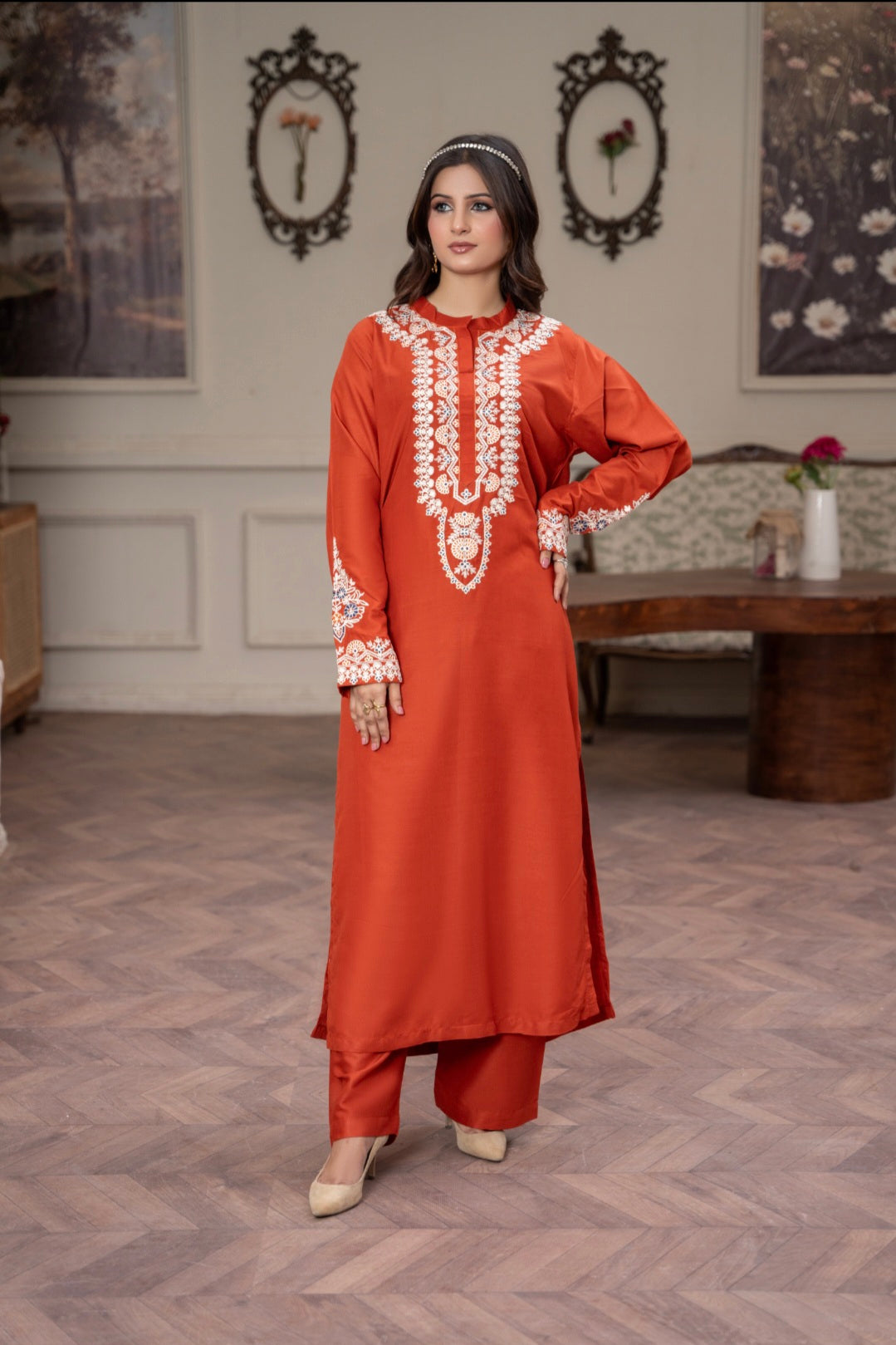 Rusty Orange Embroidered 2-Piece Stitched Suit for Women | Summer Collection