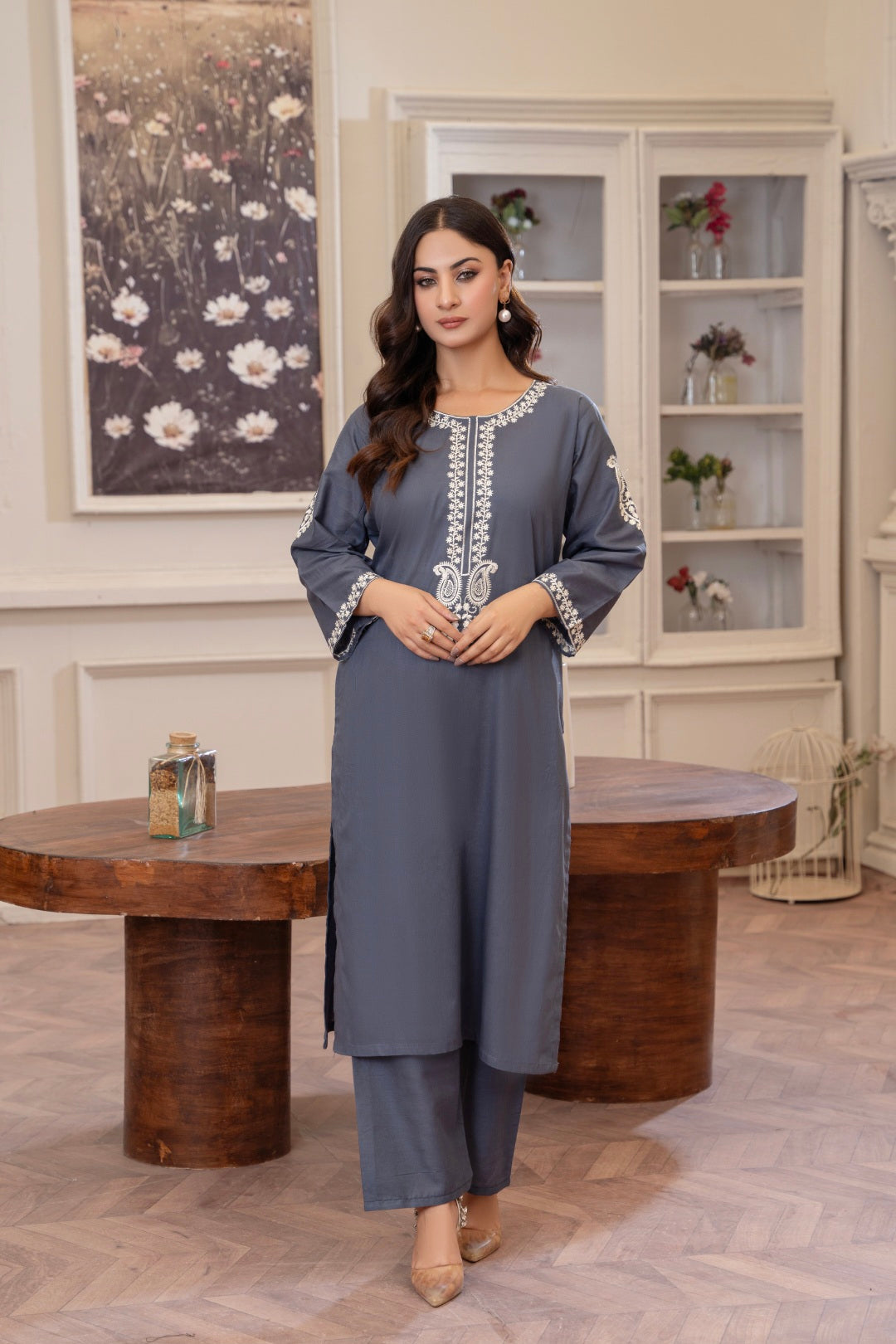 Ash Grey Embroidered 2-Piece Stitched Suit for Women | Summer Collection