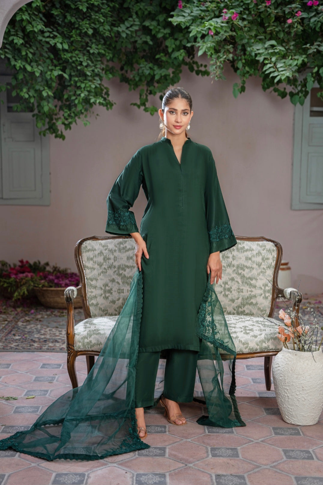 Tealine 3pc Stitched Suit with Embroidered Dupatta for Women