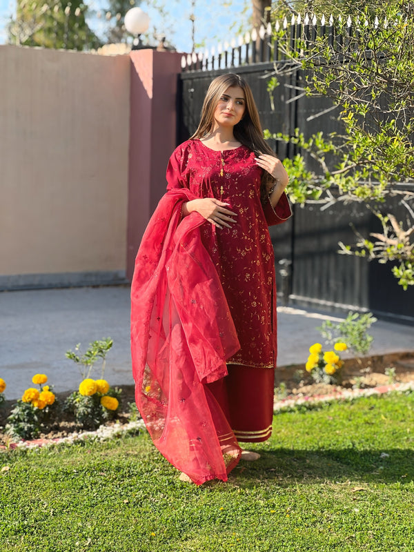 Red Batik Embroidered 3-Piece Stitched