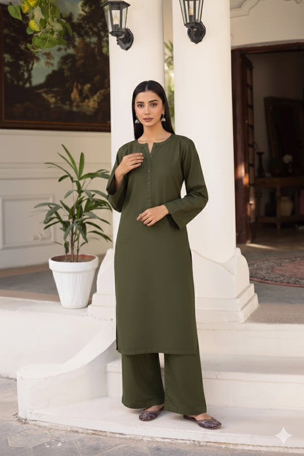 Olive Green Khaddar long Shirt 2Pc
