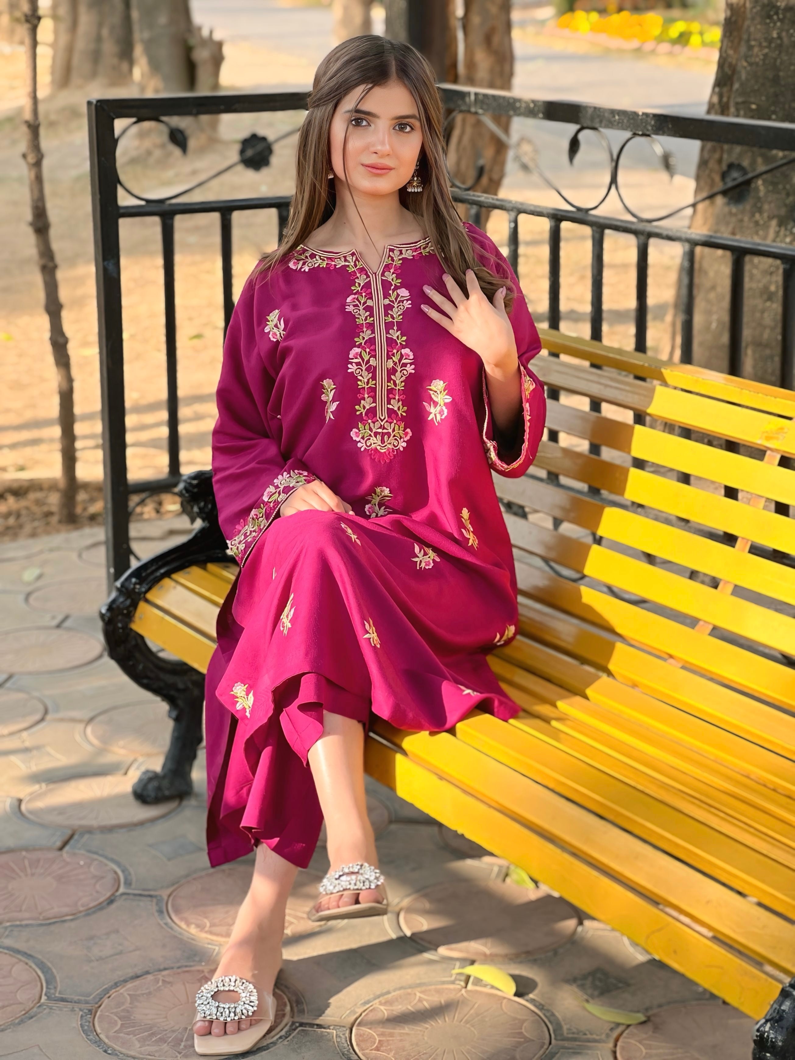 Magenta Stitched Winter 2-Piece Suit | Elegant Embroidery on Premium Summer Linen Fabric