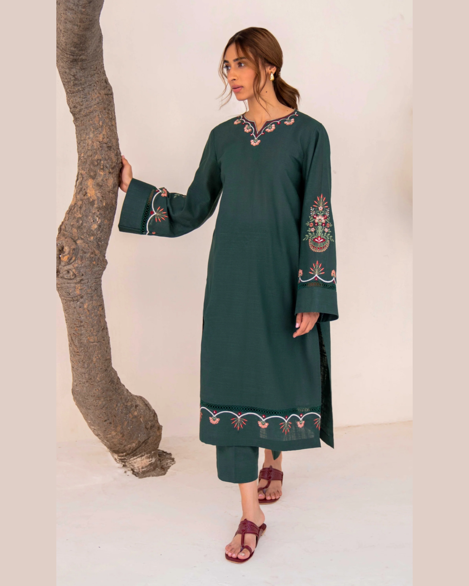 Mongia Green Embroidered 2-Piece Stitched Suit for Women | Luxurious linen SummerFabric