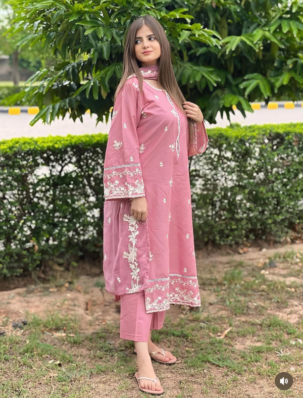 Teapink 3pc Stitched Suit with Embroidered Dupatta