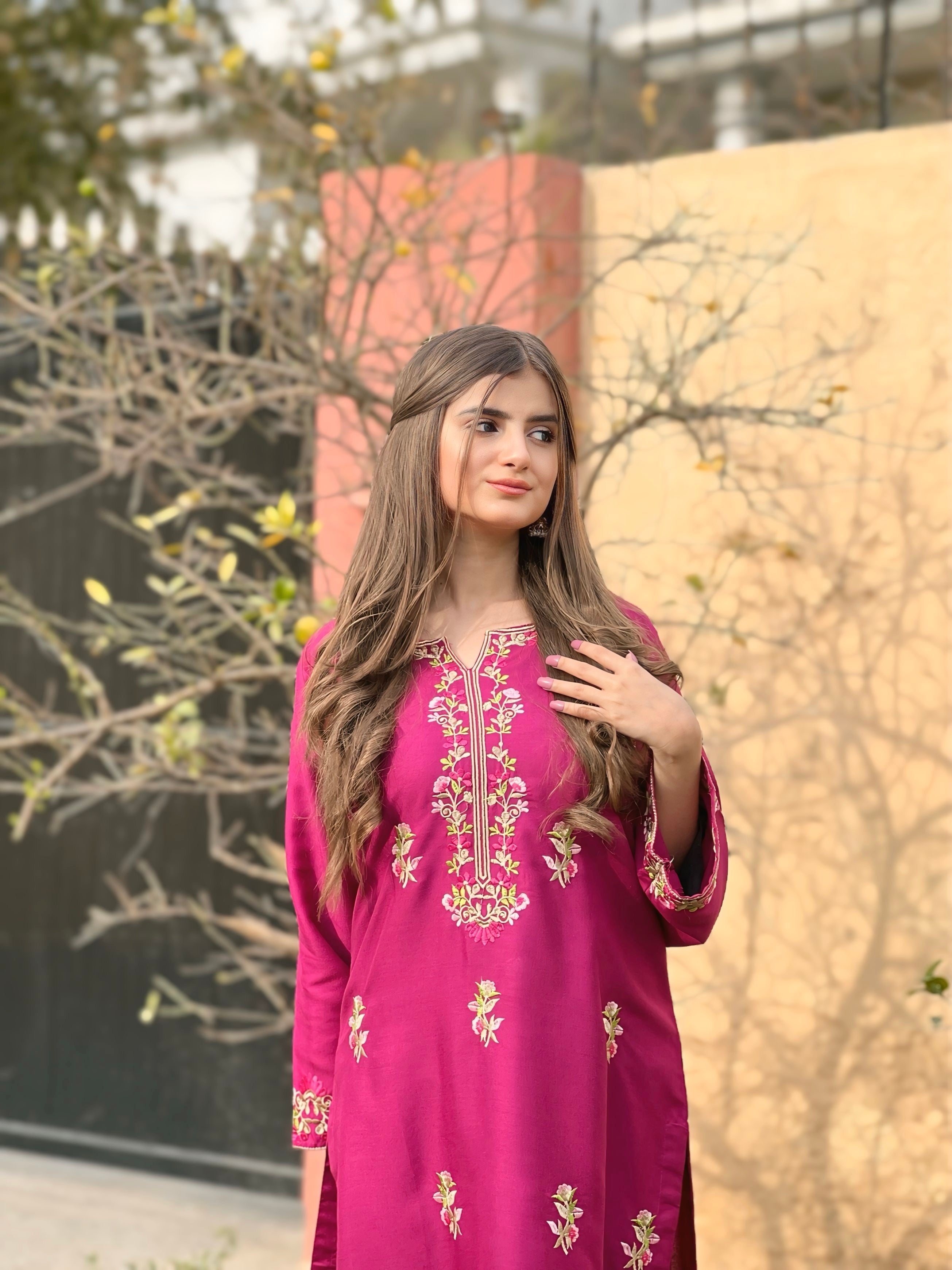 Magenta Stitched Winter 2-Piece Suit | Elegant Embroidery on Premium Summer Linen Fabric