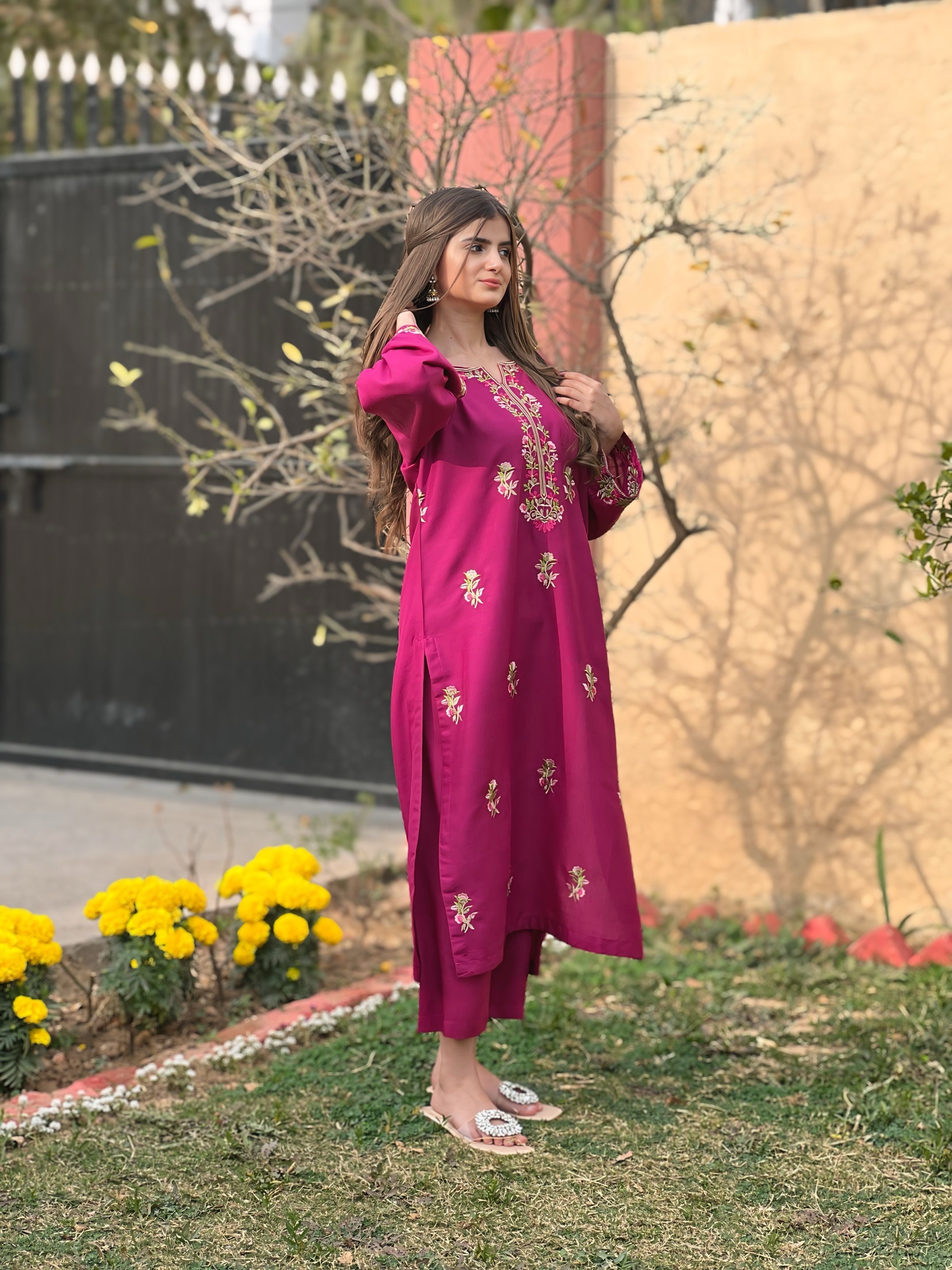 Magenta Stitched Winter 2-Piece Suit | Elegant Embroidery on Premium Summer Linen Fabric