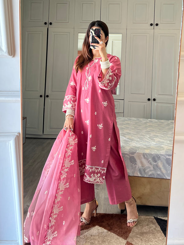 Teapink 3pc Stitched Suit with Embroidered Dupatta