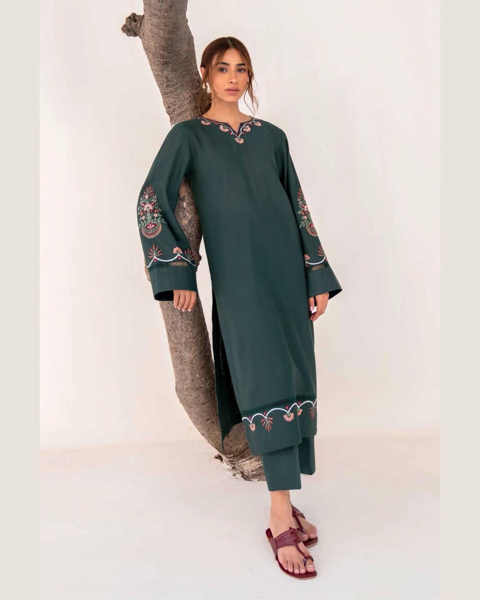 Mongia Green Embroidered 2-Piece Stitched Suit for Women | Luxurious linen SummerFabric