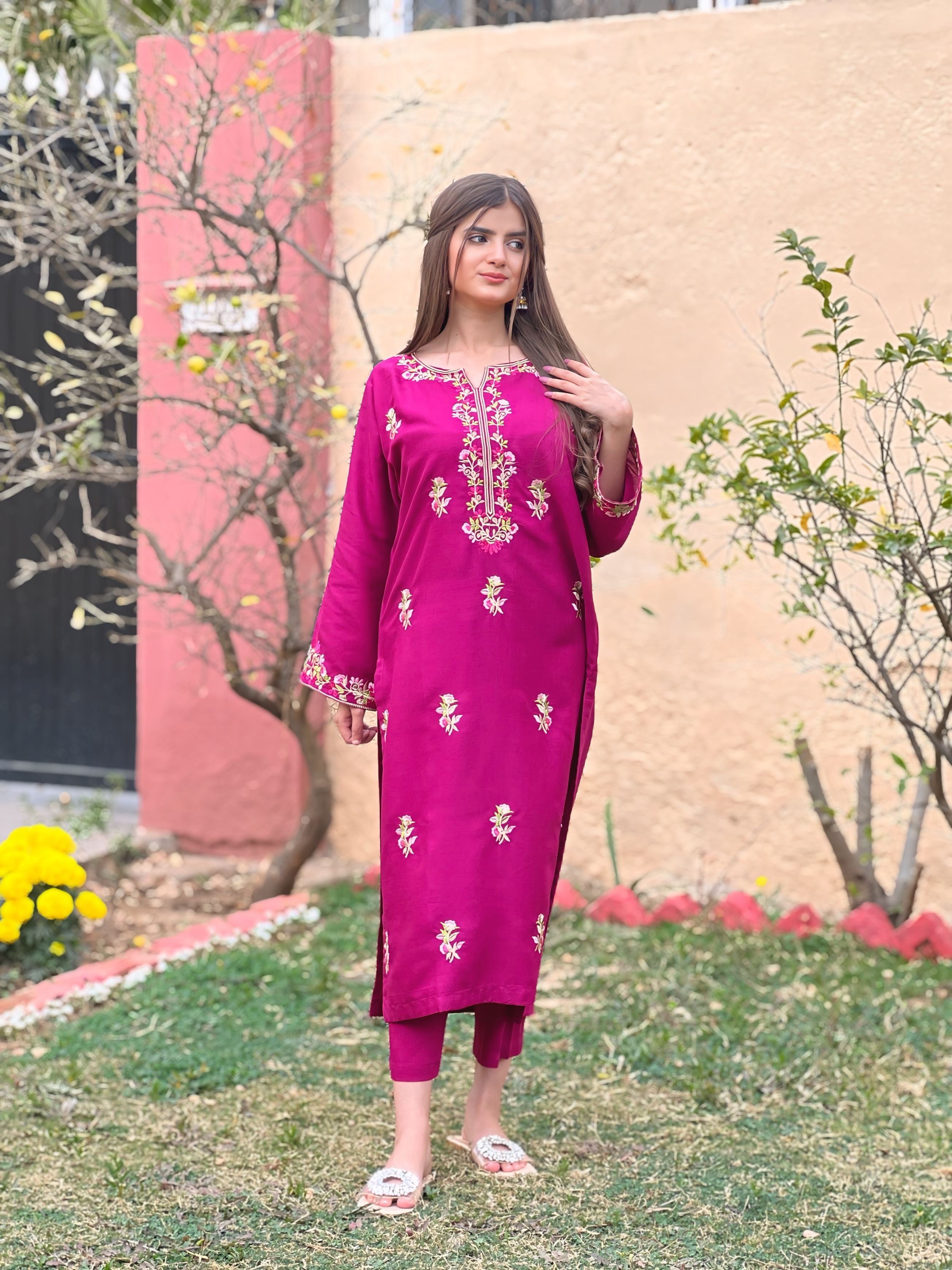 Magenta Stitched Winter 2-Piece Suit | Elegant Embroidery on Premium Summer Linen Fabric