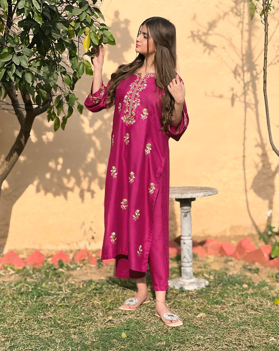 Magenta Stitched Winter 2-Piece Suit | Elegant Embroidery on Premium Summer Linen Fabric