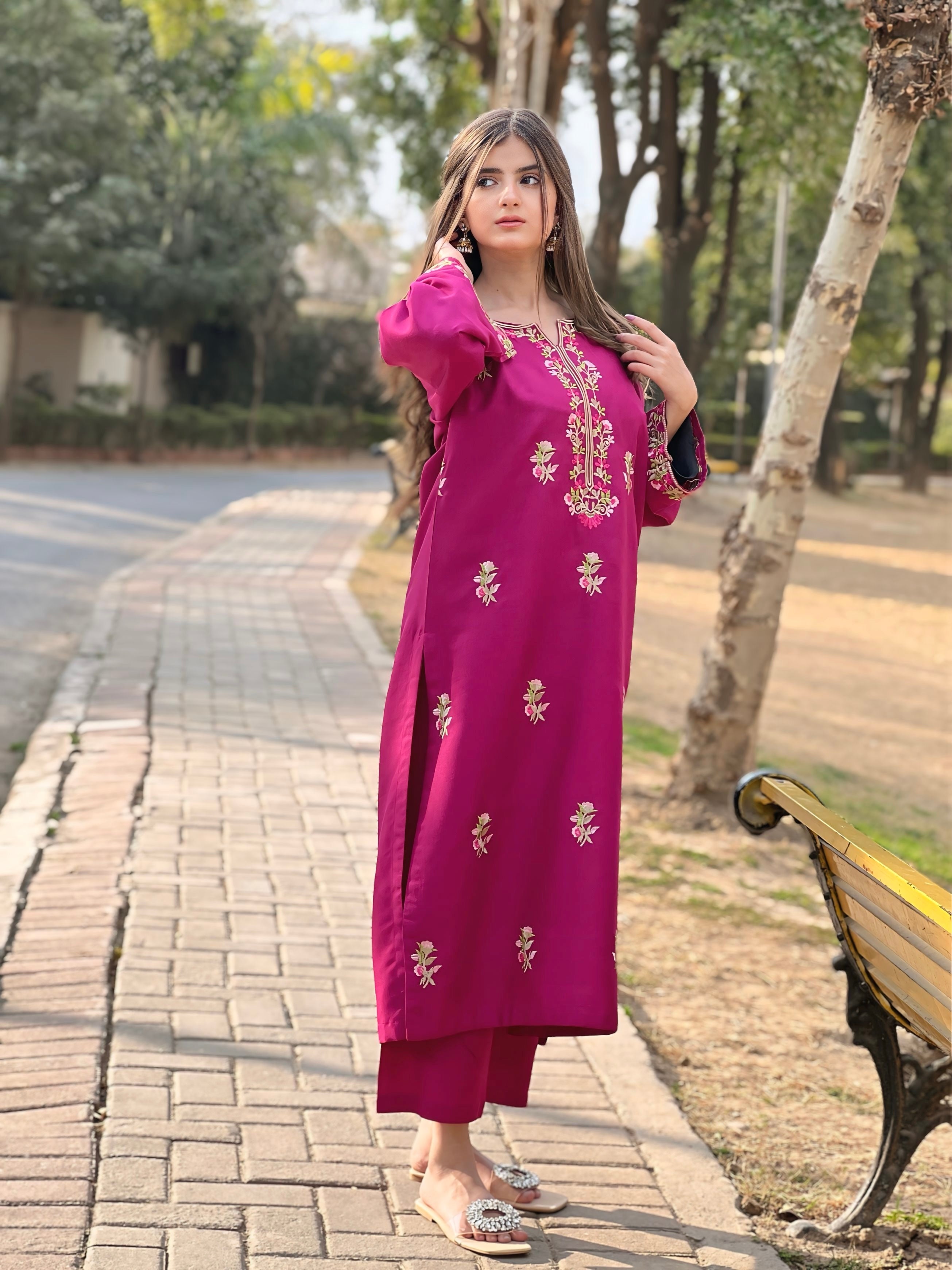 Magenta Stitched Winter 2-Piece Suit | Elegant Embroidery on Premium Summer Linen Fabric