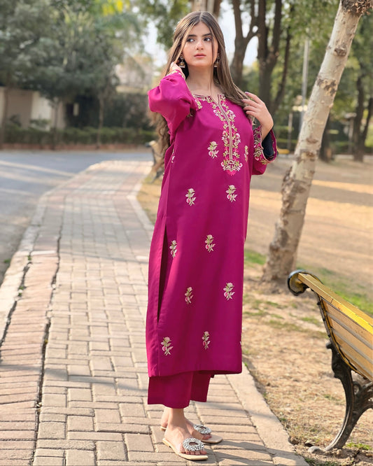 Magenta Embroidered Stitched 2Pc