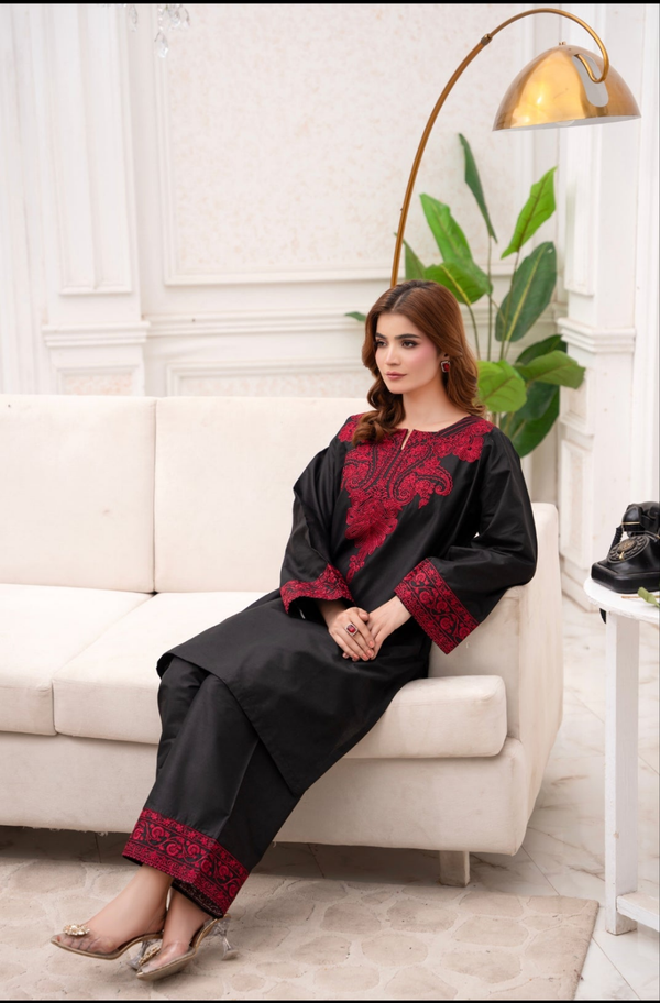 Black Heart Embroidered 2Pc Stitched
