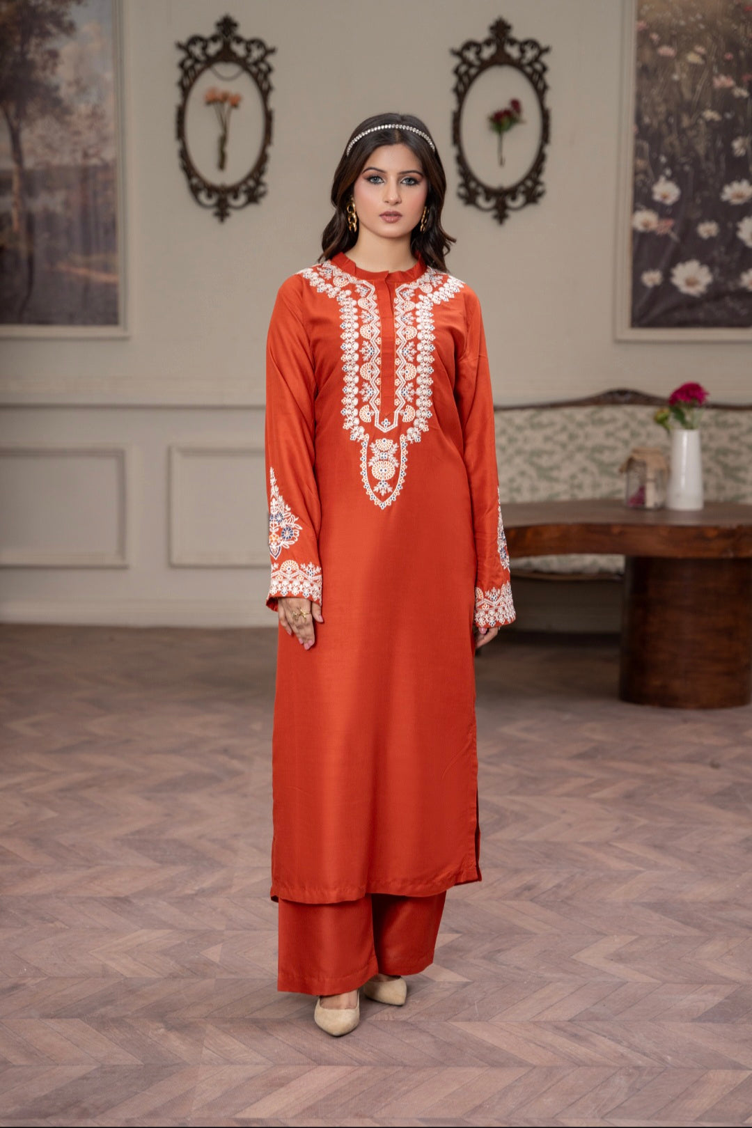 Rusty Orange Embroidered 2-Piece Stitched Suit for Women | Summer Collection