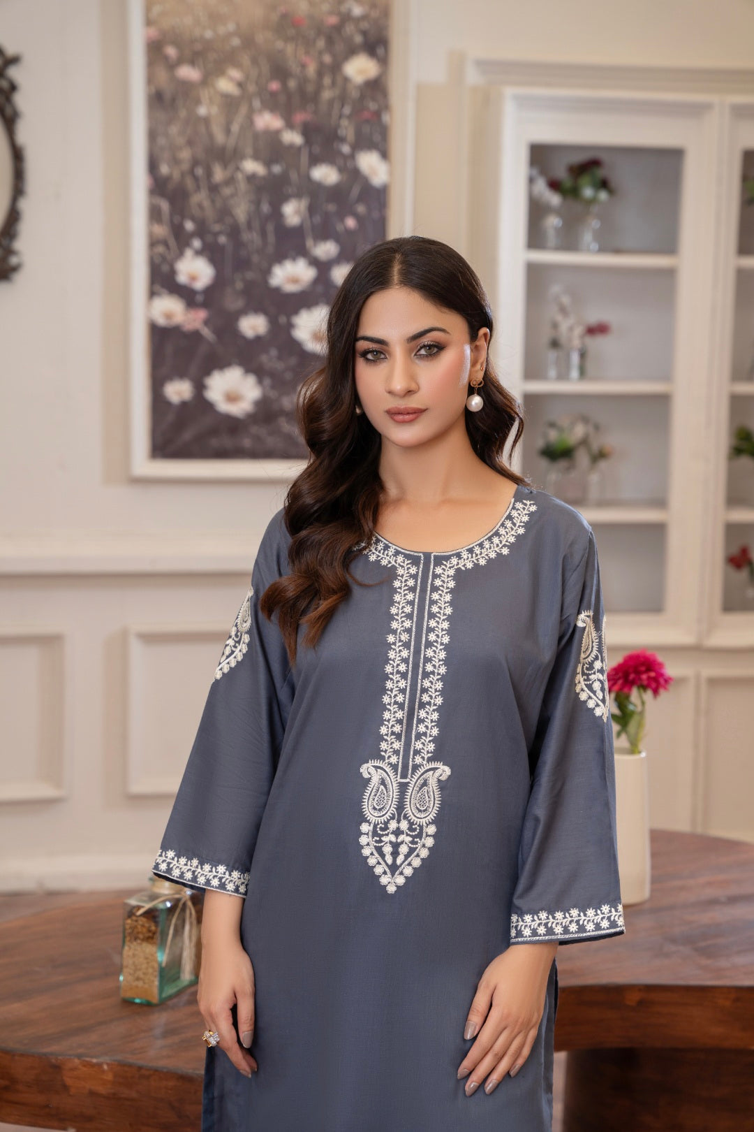 Ash Grey Embroidered 2-Piece Stitched Suit for Women | Summer Collection