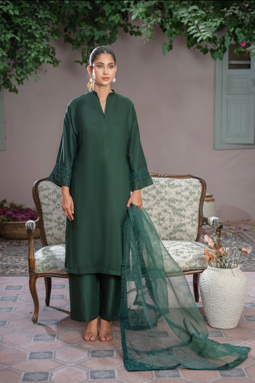 Tealine 3pc Stitched Suit with Embroidered Dupatta for Women
