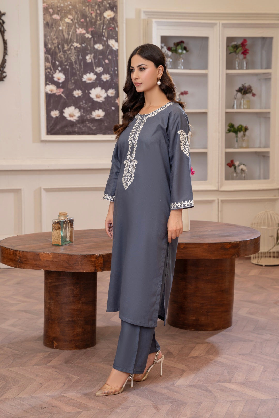Ash Grey Embroidered 2-Piece Stitched Suit for Women | Summer Collection