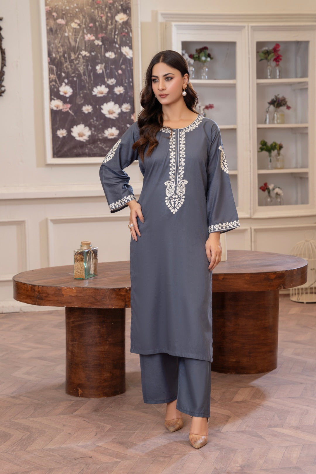 Ash Grey Embroidered 2-Piece Stitched Suit for Women | Summer Collection
