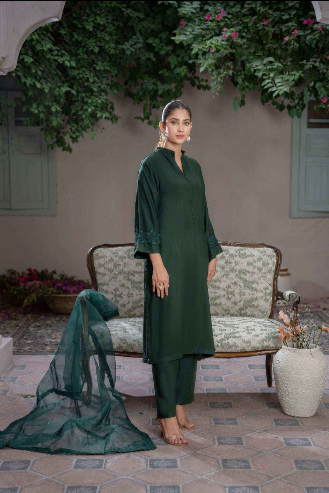 Tealine 3pc Stitched Suit with Embroidered Dupatta for Women